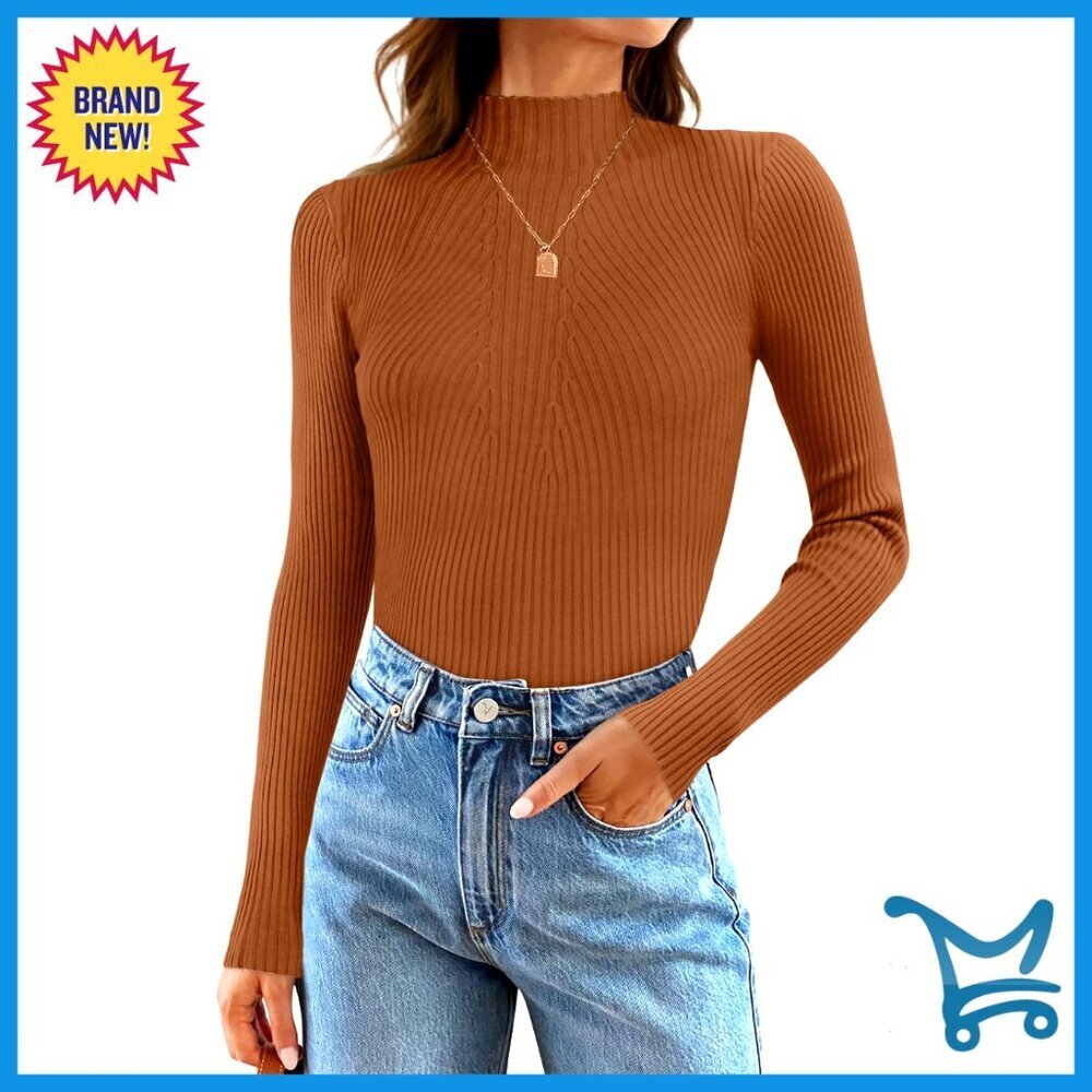 Ribbed Knit Mock Turtleneck Sweater Slim Fit Long Sleeve Pullover Chic Minimal
